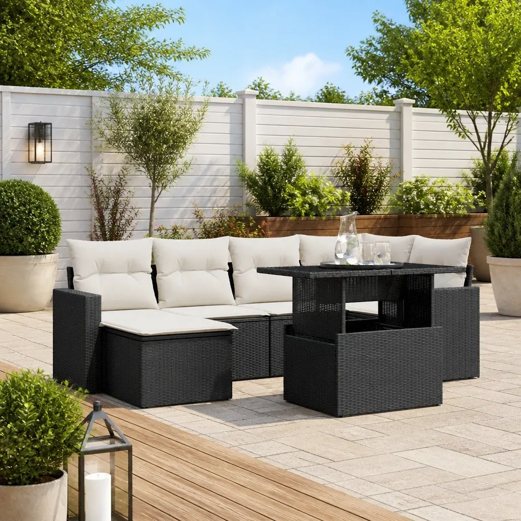 7 Piece Garden Sofa Set Black Modular Outdoor Patio Furniture with Cushions