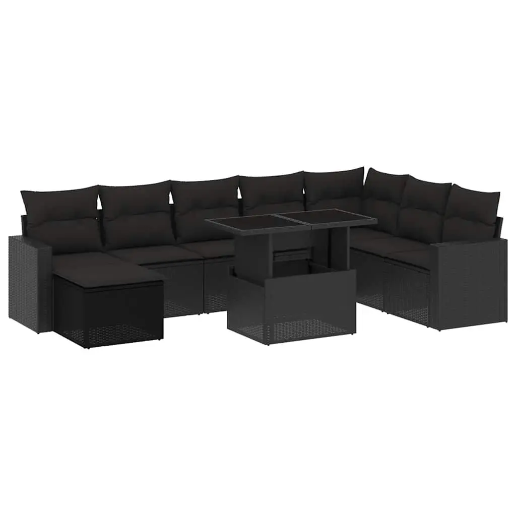 Garden Sofa Set Black 9 Piece Modular Outdoor Furniture Poly Rattan Adjustable Table Thick Cushions