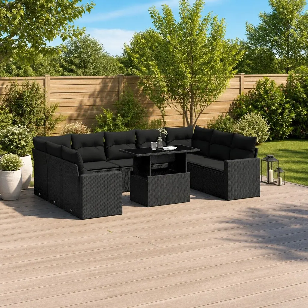 10 Piece Outdoor Sofa Set Black Poly Rattan Garden Furniture with Cushions Patio
