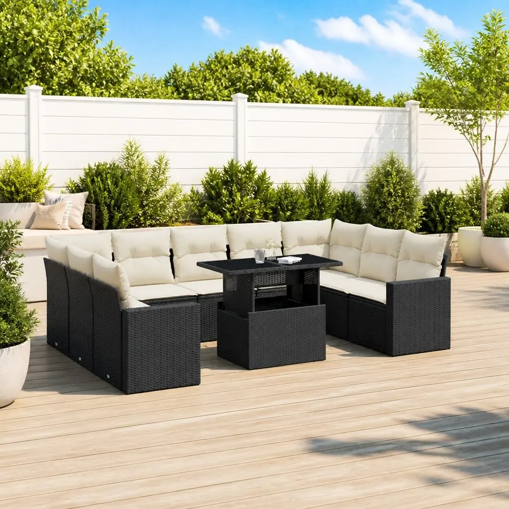Garden Sofa Set Black 10 Piece Modular Outdoor Furniture PE Rattan Adjustable Table