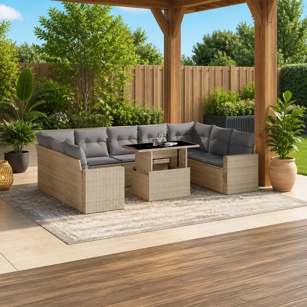 Garden Sofa Set Beige 10 Piece Outdoor Furniture Patio Lounge Poly Rattan