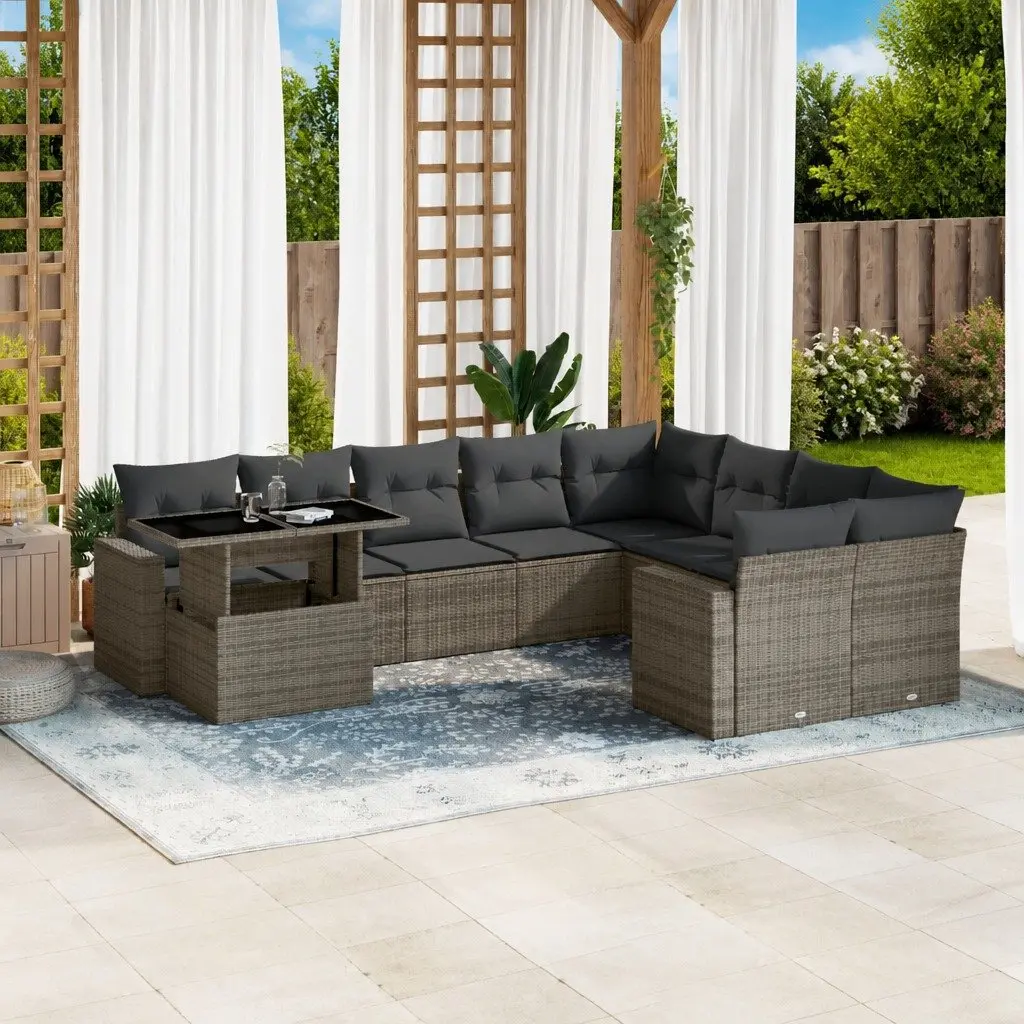 Garden Sofa Set 10 Piece Outdoor Furniture with Cushions Grey Poly Rattan