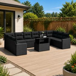Concise 11-Piece Black Rattan Outdoor Sofa Set