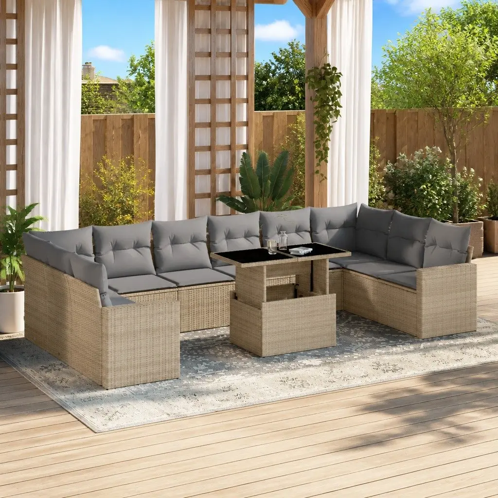 Garden Sofa Set 11 Piece Outdoor Furniture Beige Rattan Patio with Cushions
