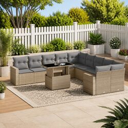 Outdoor Garden Sofa Set 11 Piece Beige Poly Rattan Furniture with Cushions