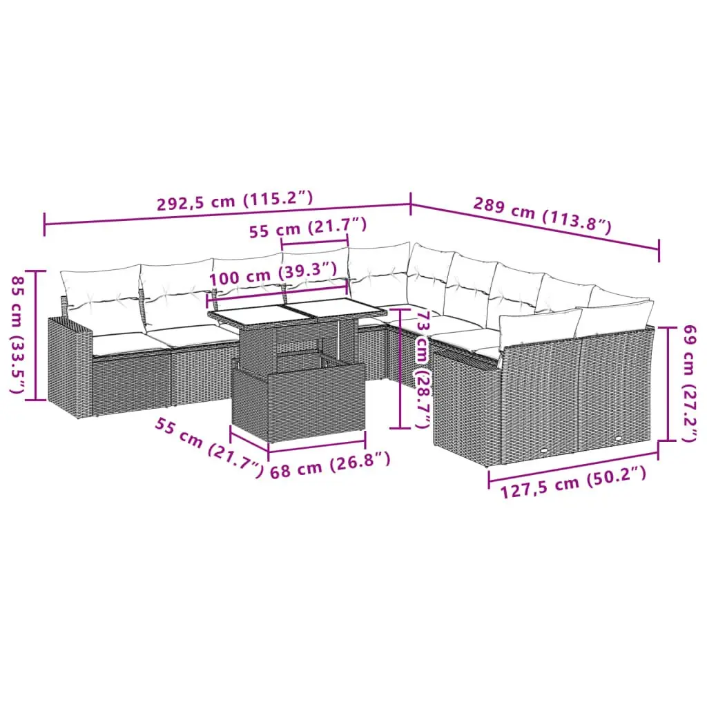 Garden Sofa Set Grey 11 Piece Outdoor Furniture Patio Lounge Adjustable Table
