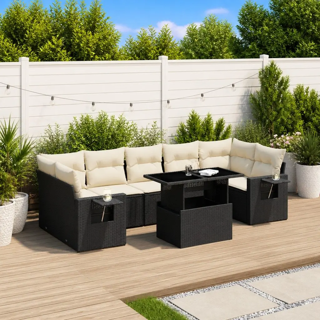 Garden Sofa Set Black 8 Piece Modular Outdoor Furniture with Adjustable Table and Foldable Side Tables