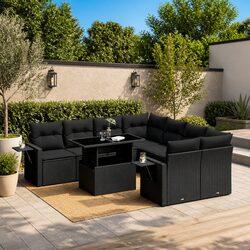Garden Sofa Set 9 Piece Outdoor Furniture Patio Black Poly Rattan with Cushions