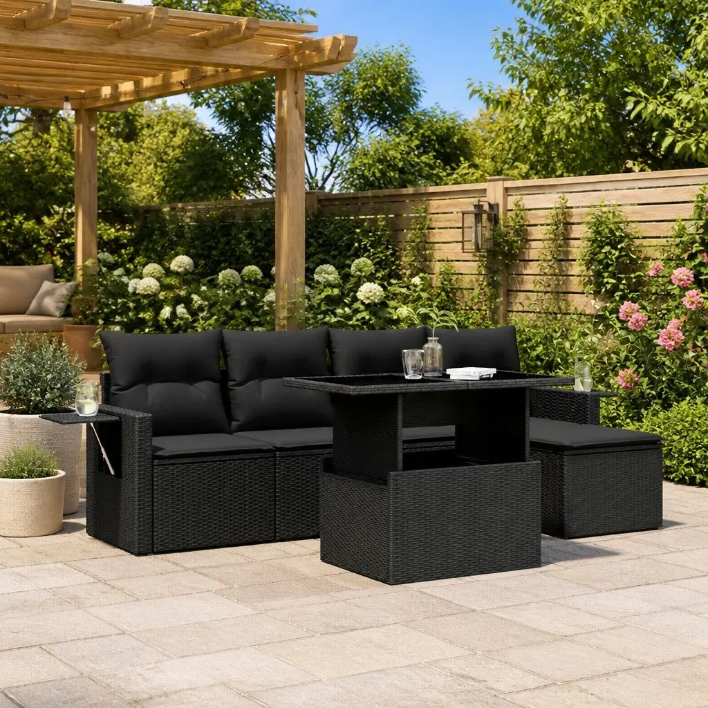 Garden Sofa Set Black 6 Piece Modular Outdoor Furniture with Adjustable Table and Foldable Side Tables