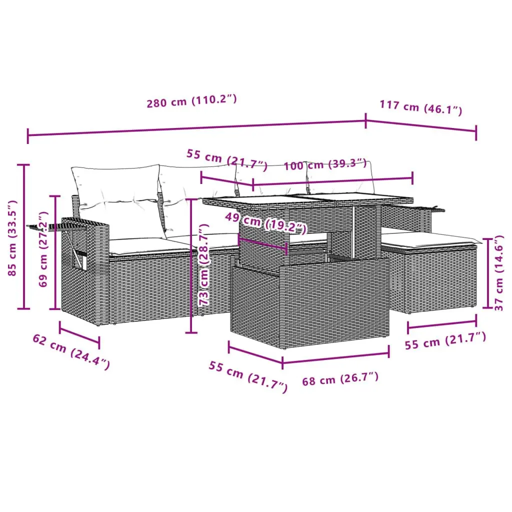 6 Piece Garden Sofa Set Grey Modular Outdoor Furniture with Cushions