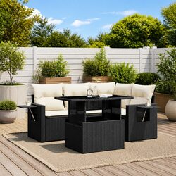 5 Piece Garden Sofa Set Outdoor Furniture Black Poly Rattan Patio Seating with