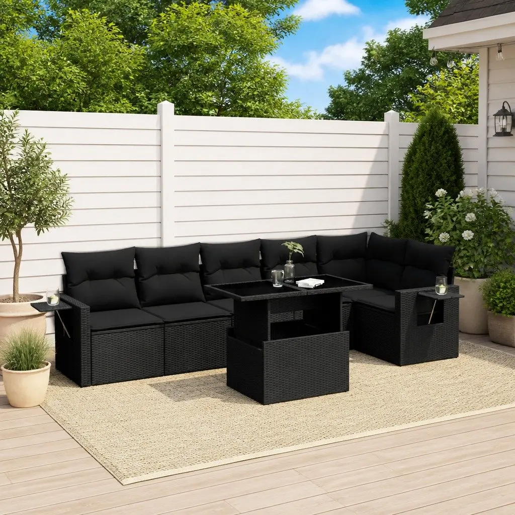 7 Piece Garden Sofa Set Black Modular Cushioned Outdoor Furniture