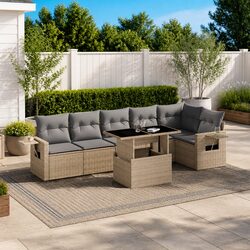 7 Piece Garden Sofa Set with Cushions Beige Poly Rattan Outdoor Furniture Patio