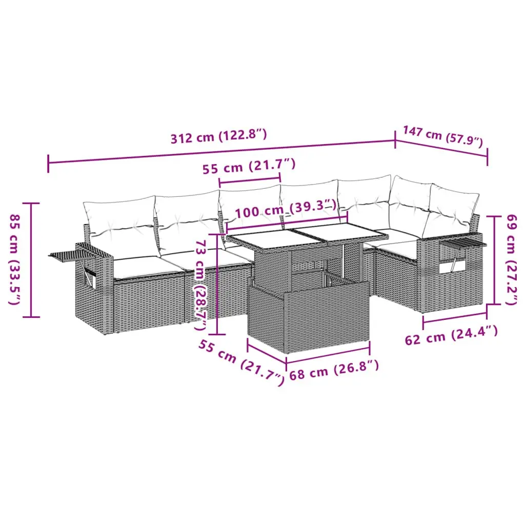 Garden Sofa Set 7 Piece Outdoor Furniture Grey Poly Rattan with Cushions Patio