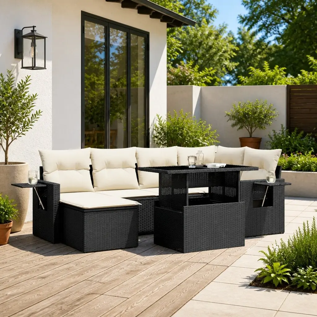 Garden Sofa Set 7 Piece Black Poly Rattan Outdoor Furniture Modular Patio