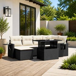 7 Piece Black Modular Garden Sofa Set with Cushions