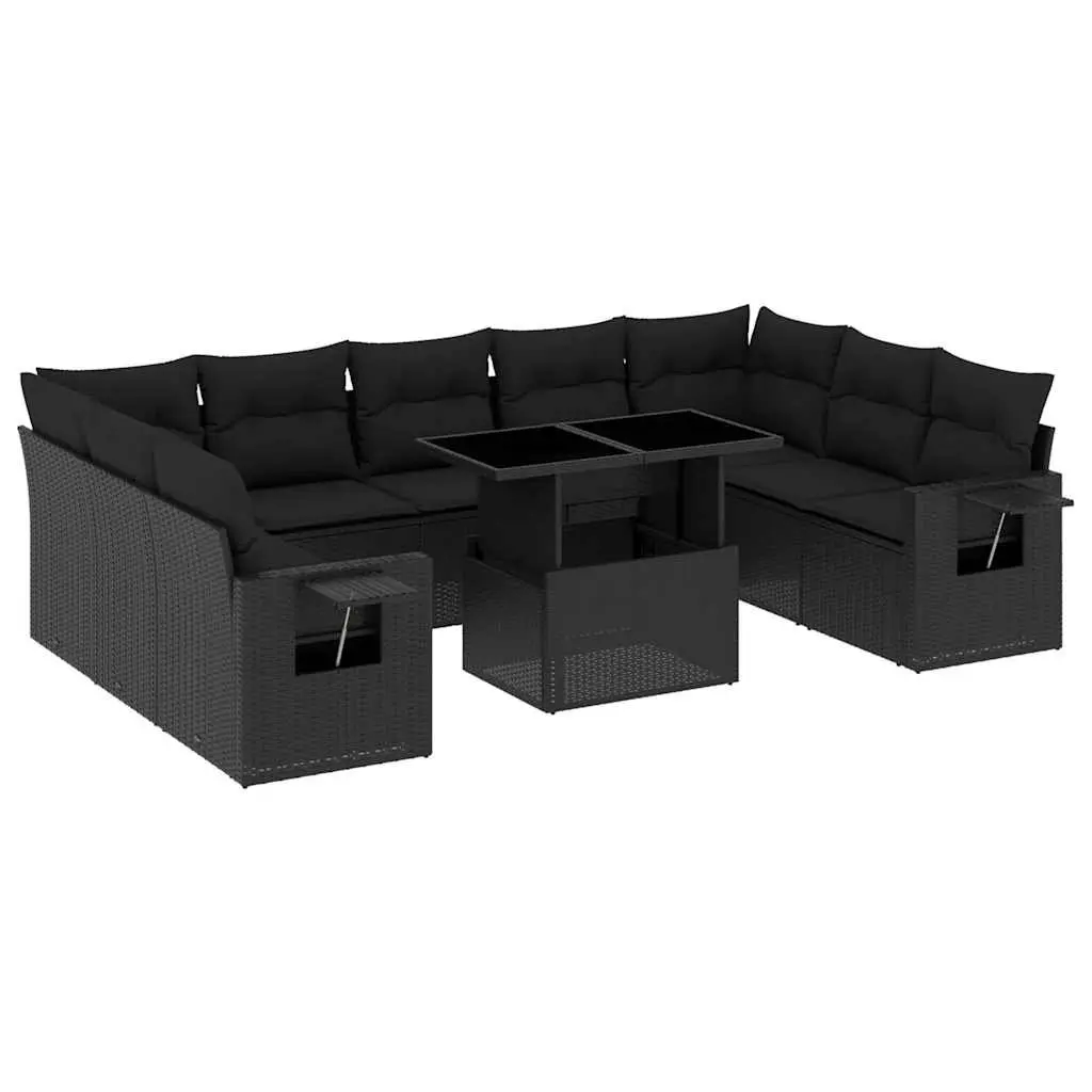 10 Piece Garden Sofa Set Black Poly Rattan Outdoor Furniture Adjustable Table Foldable Side Tables