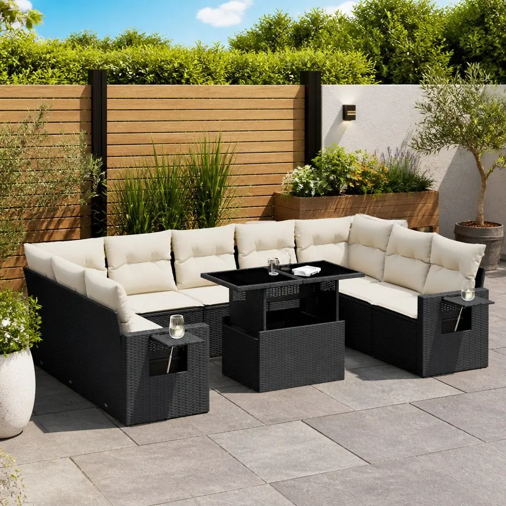 Garden Sofa Set Black 10 Piece Outdoor Patio Furniture Poly Rattan with Cushions