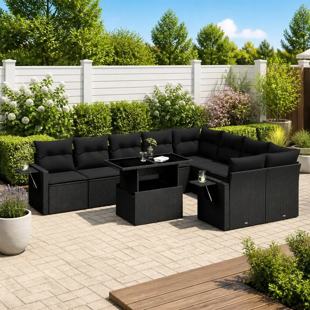 Garden Sofa Set Black 10 Piece Modular PE Rattan Outdoor Furniture with Cushions
