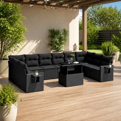 Garden Sofa Set 11 Piece Outdoor Furniture Black Poly Rattan Modular Patio