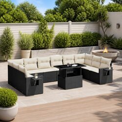 Compact 11 Piece Black Garden Sofa Set with Cushions