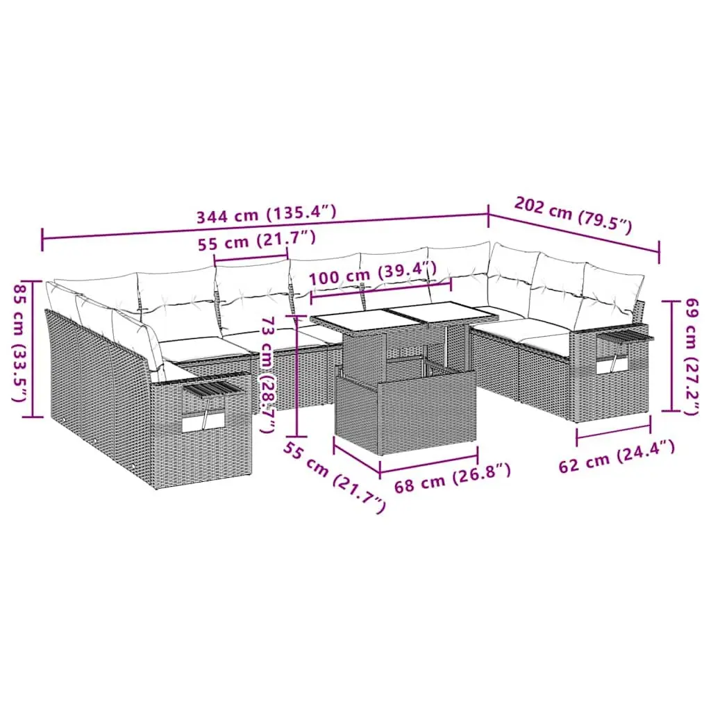Garden Sofa Set Black 11 Piece Modular Outdoor Furniture with Adjustable Table and Cushions