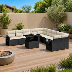11 Piece Black Poly Rattan Sofa Set for Outdoors