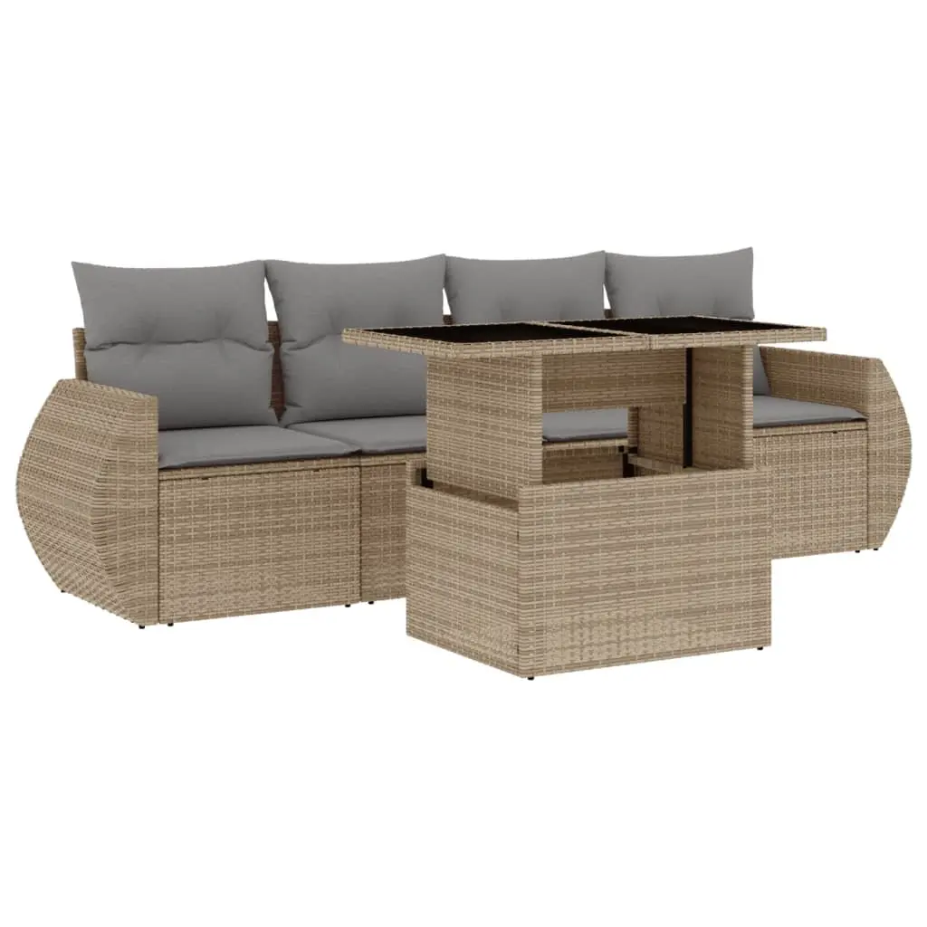 5 Piece Garden Sofa Set Outdoor Furniture Beige Poly Rattan with Cushions Patio