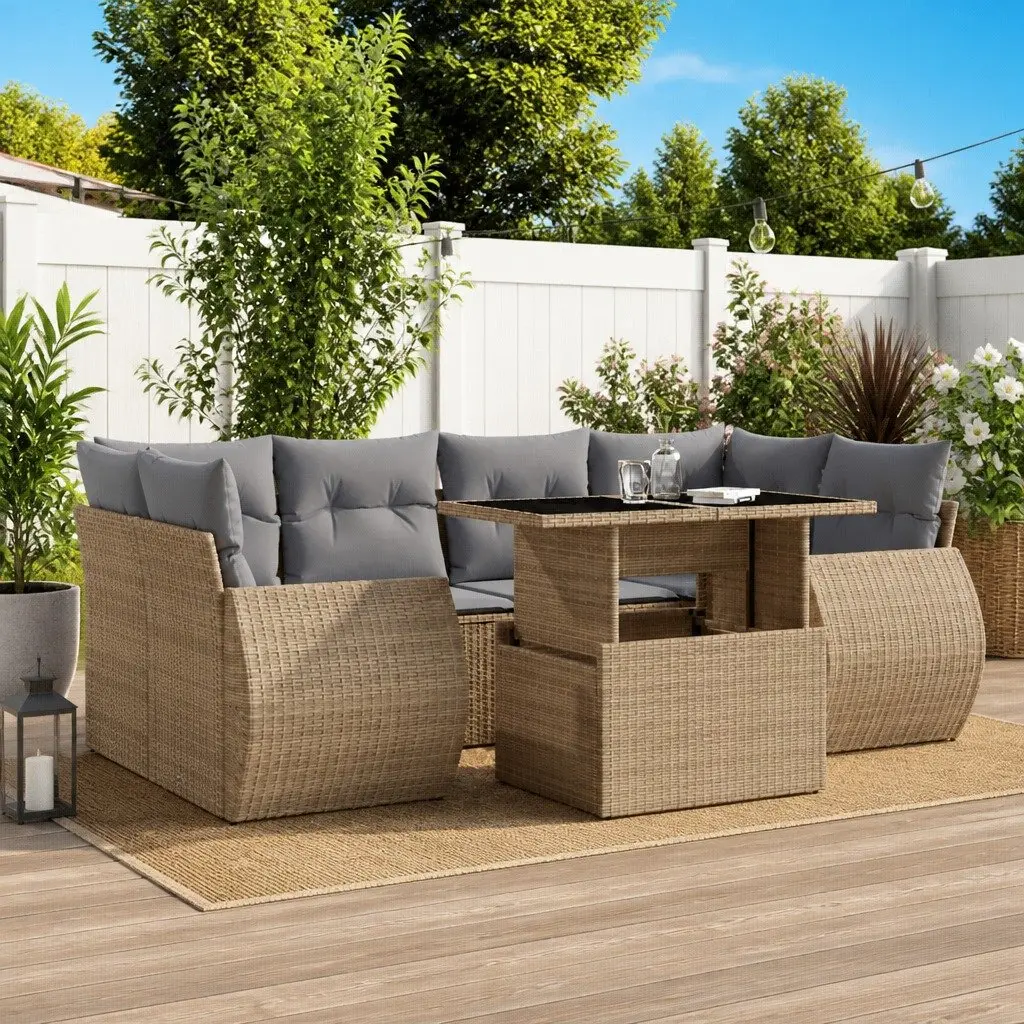 7 Piece Garden Sofa Set Outdoor Furniture Beige Poly Rattan with Cushions