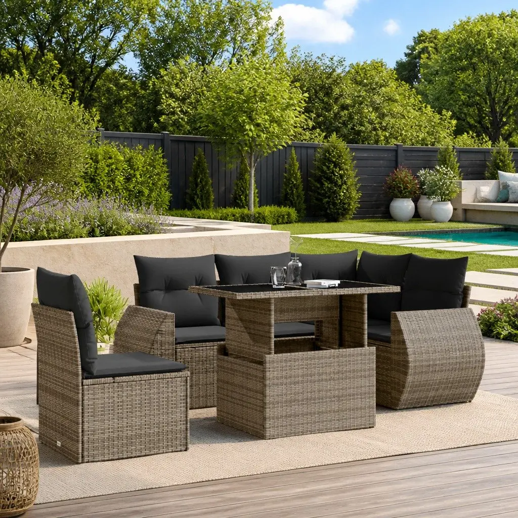 Garden Sofa Set Grey Poly Rattan 6 Piece Outdoor Furniture with Cushions Adjustable Table