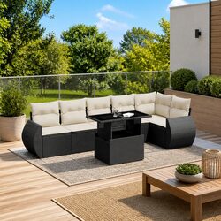 7 Piece Garden Sofa Set Outdoor Patio Furniture Black Poly Rattan with Cushions