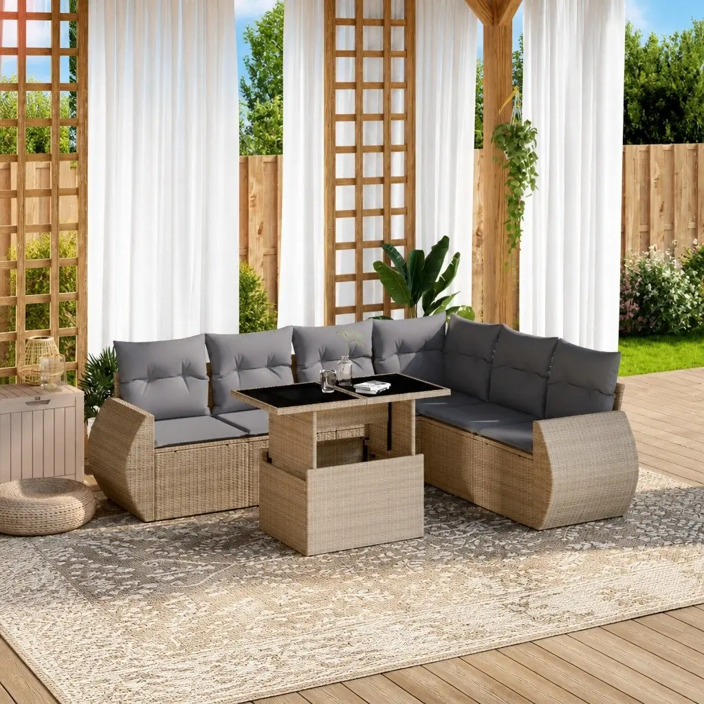 7 Piece Garden Sofa Set Beige Poly Rattan Outdoor Furniture Cushions Adjustable Tabletop
