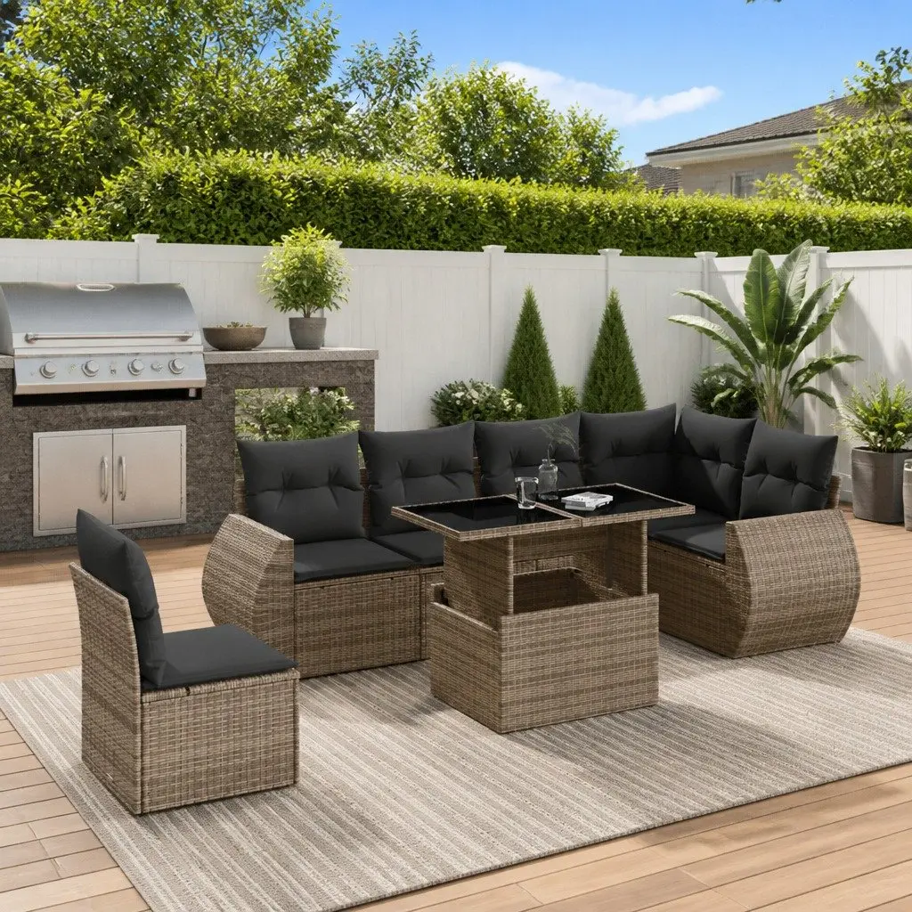 Garden Sofa Set Modular Grey PE Rattan with Cushions 7 Pieces Adjustable Tabletop Outdoor Patio Furniture