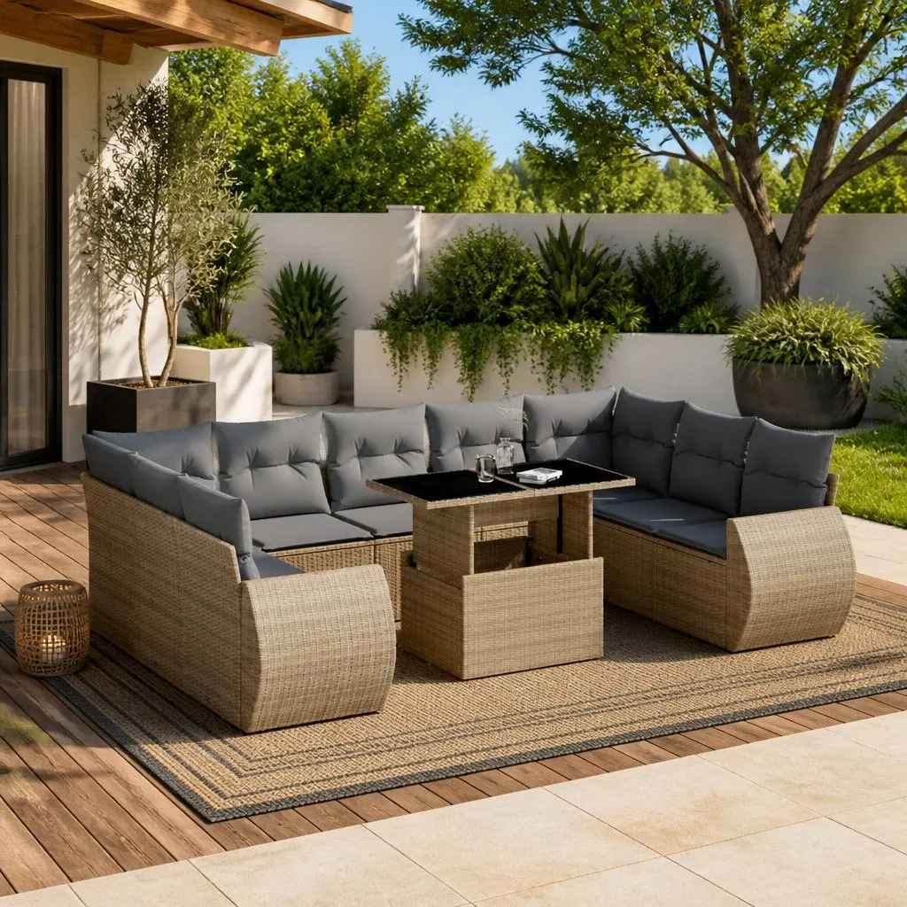 Garden Sofa Set 10 Piece Outdoor Furniture Beige Poly Rattan Patio Lounge with