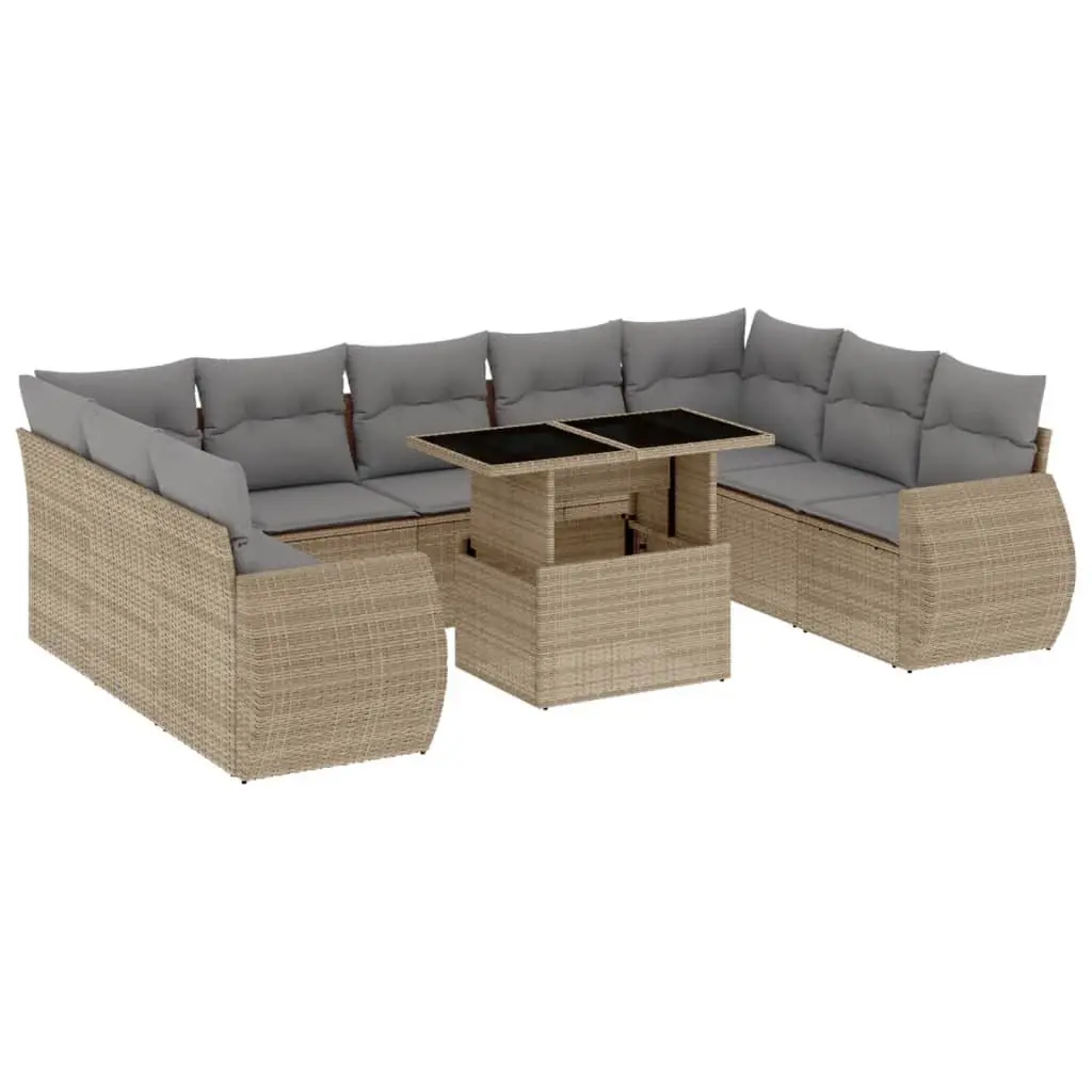 Garden Sofa Set 10 Piece Outdoor Furniture Beige Poly Rattan Patio Lounge with