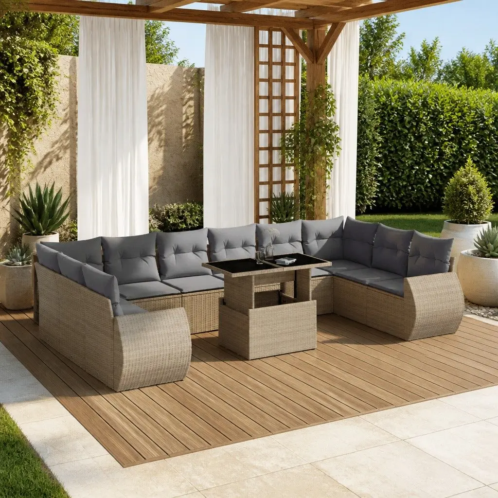 Garden Sofa Set 11 Piece Outdoor Furniture Beige Poly Rattan Patio Lounge