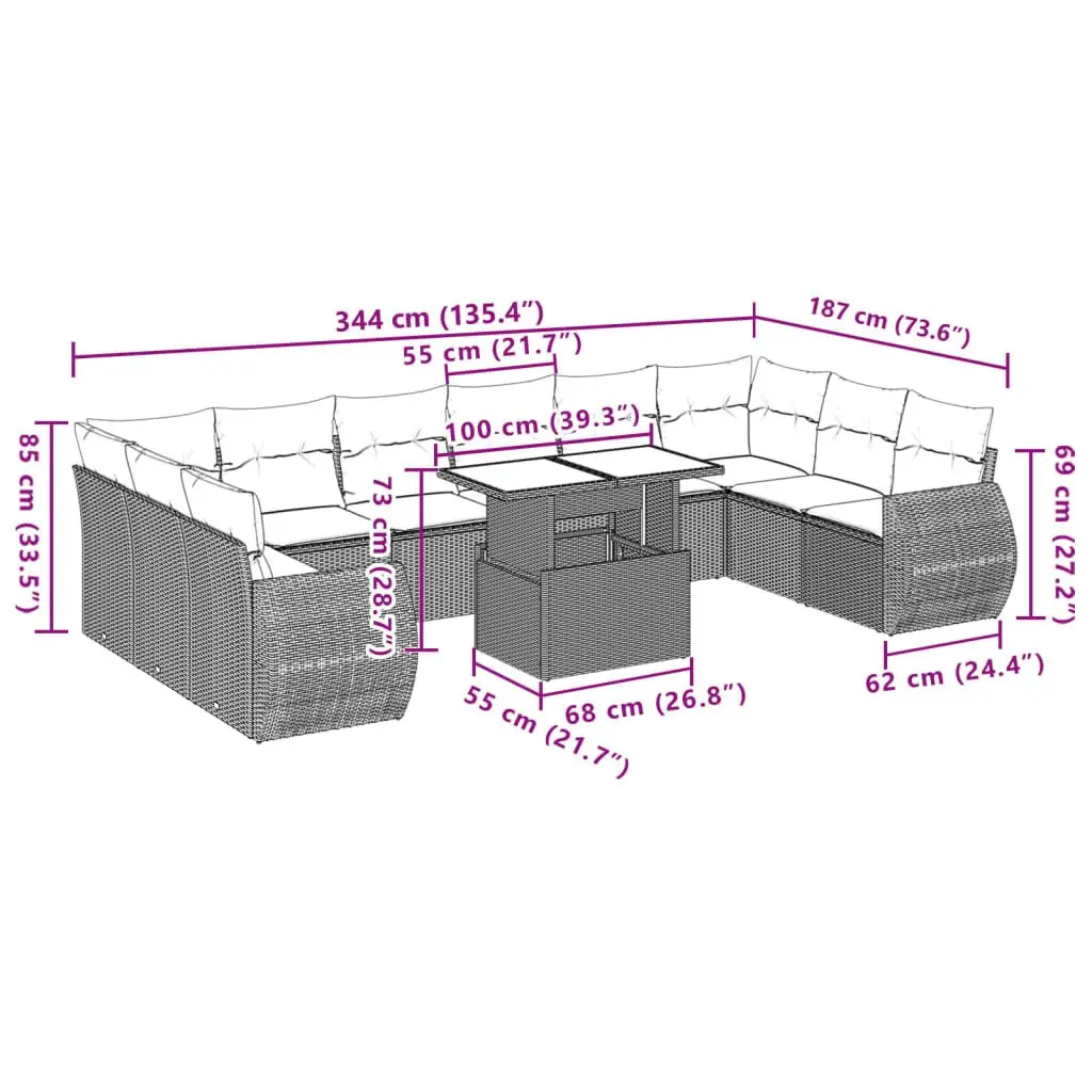 Garden Sofa Set 11 Piece Outdoor Furniture Beige Poly Rattan Patio Lounge