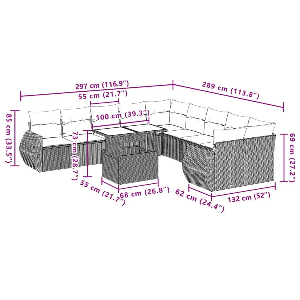 Garden Sofa Set 11 Piece Outdoor Furniture Beige Poly Rattan Modular Patio