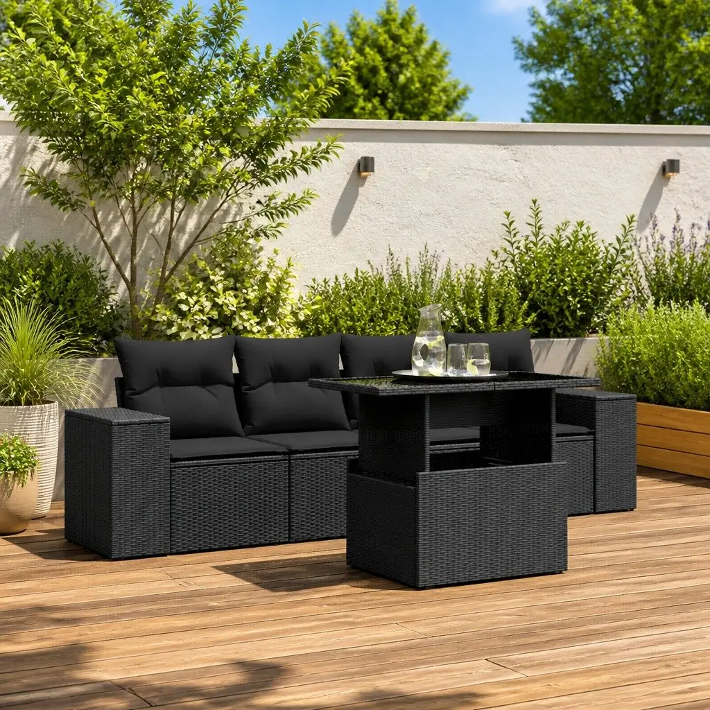 5 Piece Garden Sofa Set Outdoor Furniture Black Poly Rattan with Cushions