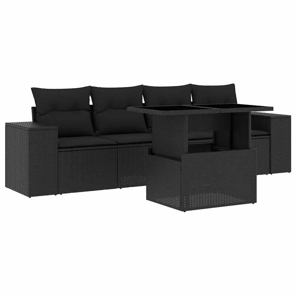 5 Piece Garden Sofa Set Outdoor Furniture Black Poly Rattan with Cushions