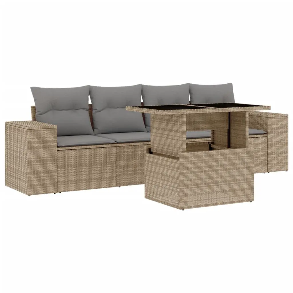 Beige Outdoor Patio Furniture Set 5 Piece Modular Sofa with Cushions Adjustable Table Poly Rattan