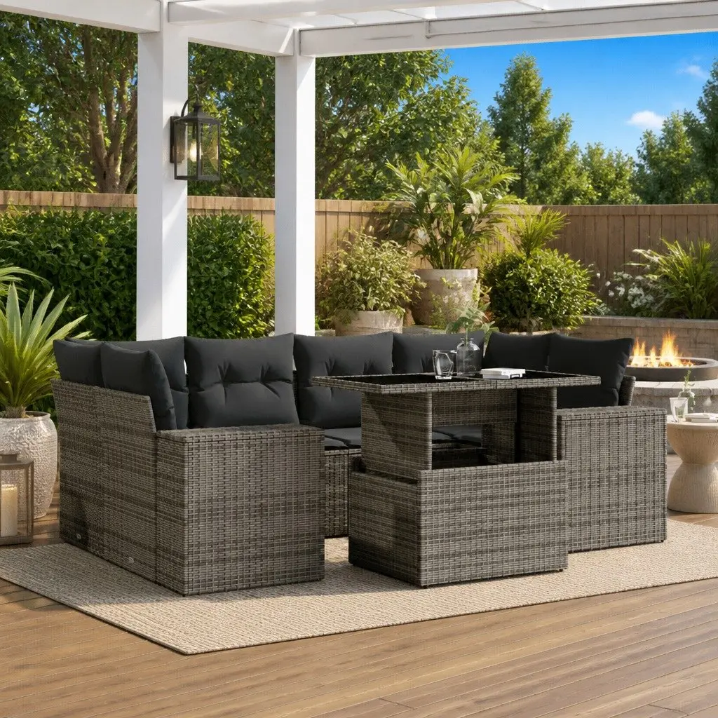7 Piece Garden Sofa Set Grey PE Rattan Outdoor Furniture Adjustable Tabletop Padded Cushions