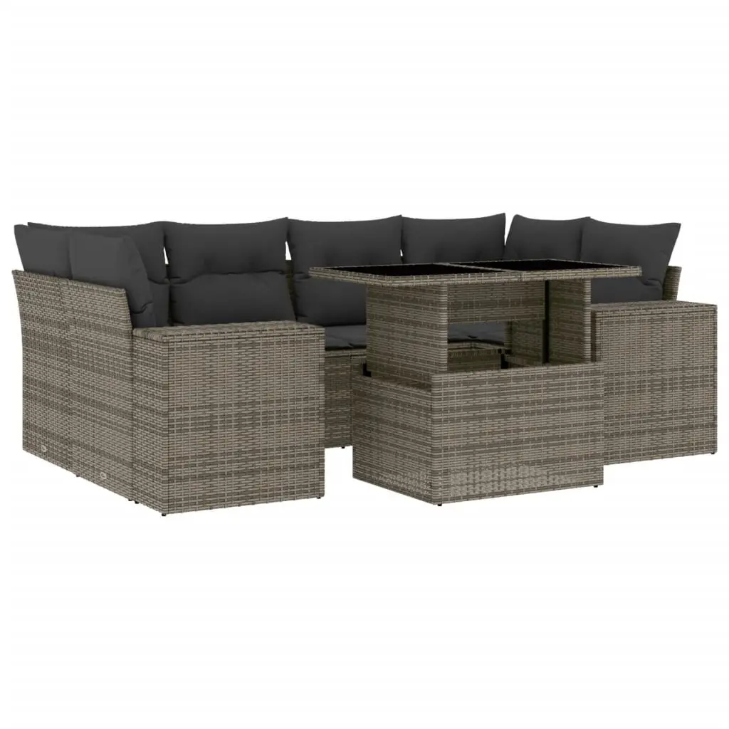 7 Piece Garden Sofa Set Grey PE Rattan Outdoor Furniture Adjustable Tabletop Padded Cushions