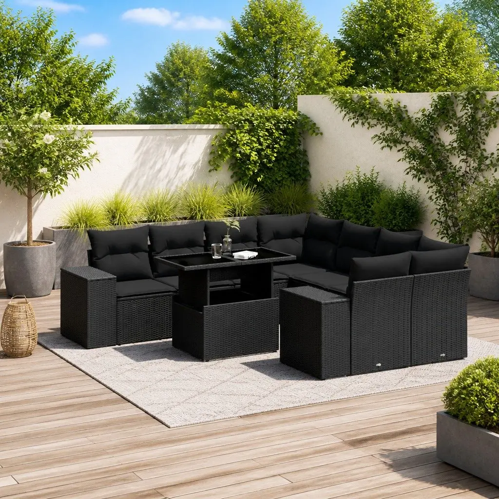 Garden Sofa Set Black 9 Piece Outdoor Furniture Patio Sectional with Cushions