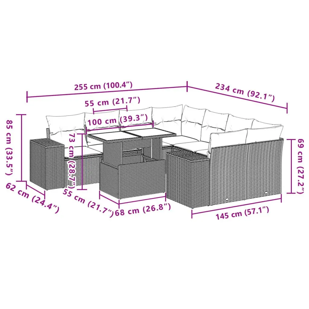9 Piece Grey Garden Sofa Set with Cushions Modular Outdoor Furniture Patio