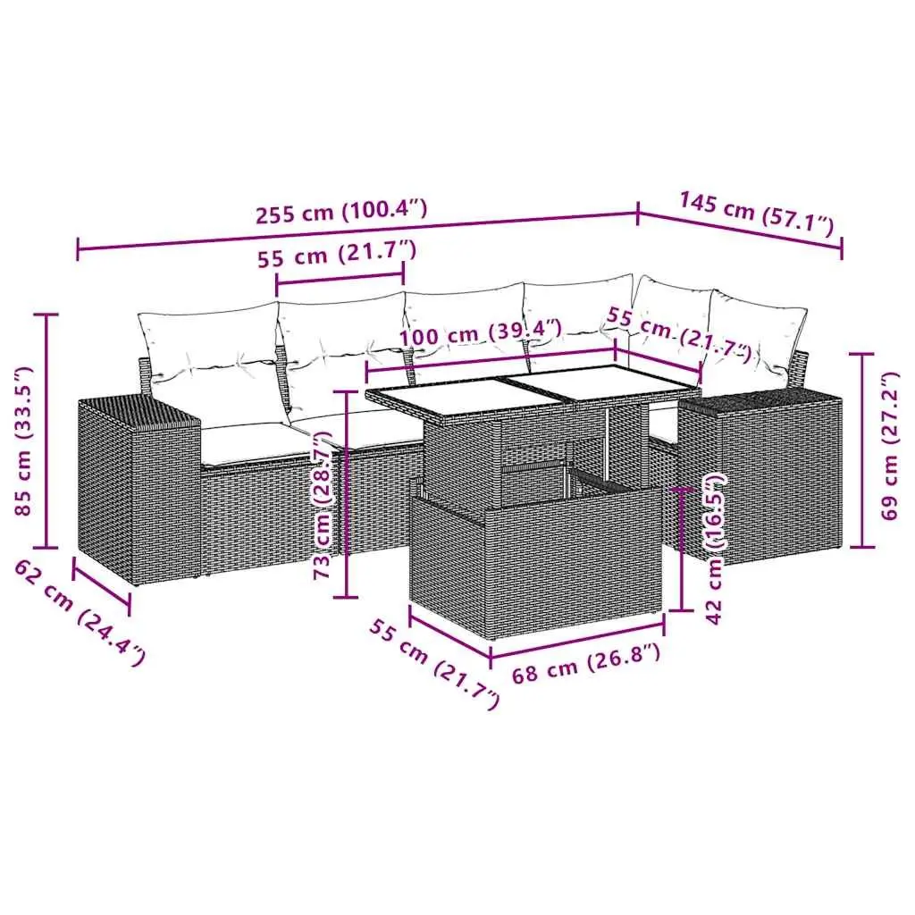 Garden Sofa Set 6 Piece Outdoor Furniture Black Poly Rattan Modular Patio