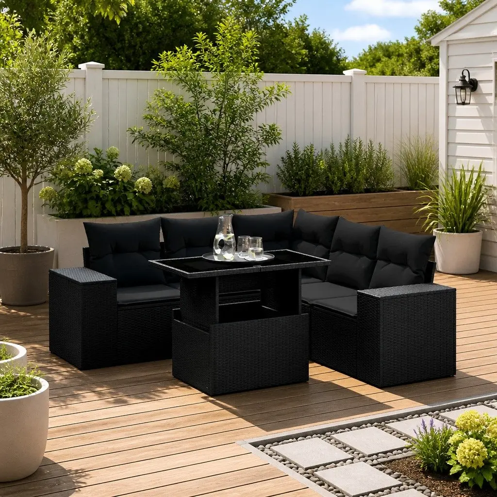 6 Piece Black Outdoor Sofa Set with Adjustable Table