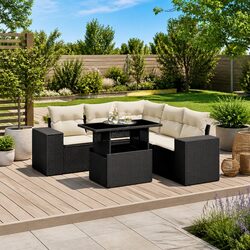 6 Piece Garden Sofa Set Outdoor Furniture Patio Black Poly Rattan with Cushions