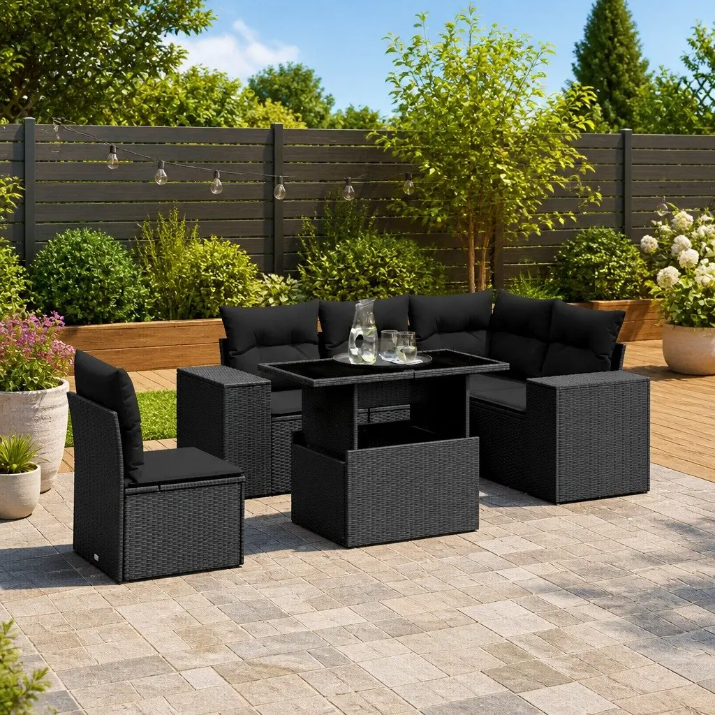 Garden Sofa Set 6 Piece Outdoor Furniture Black Poly Rattan Modular Patio