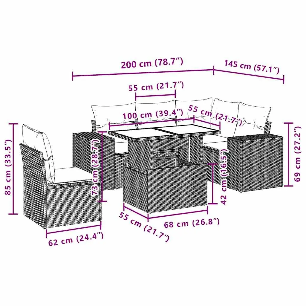 Garden Sofa Set 6 Piece Outdoor Furniture Black Poly Rattan Modular Patio